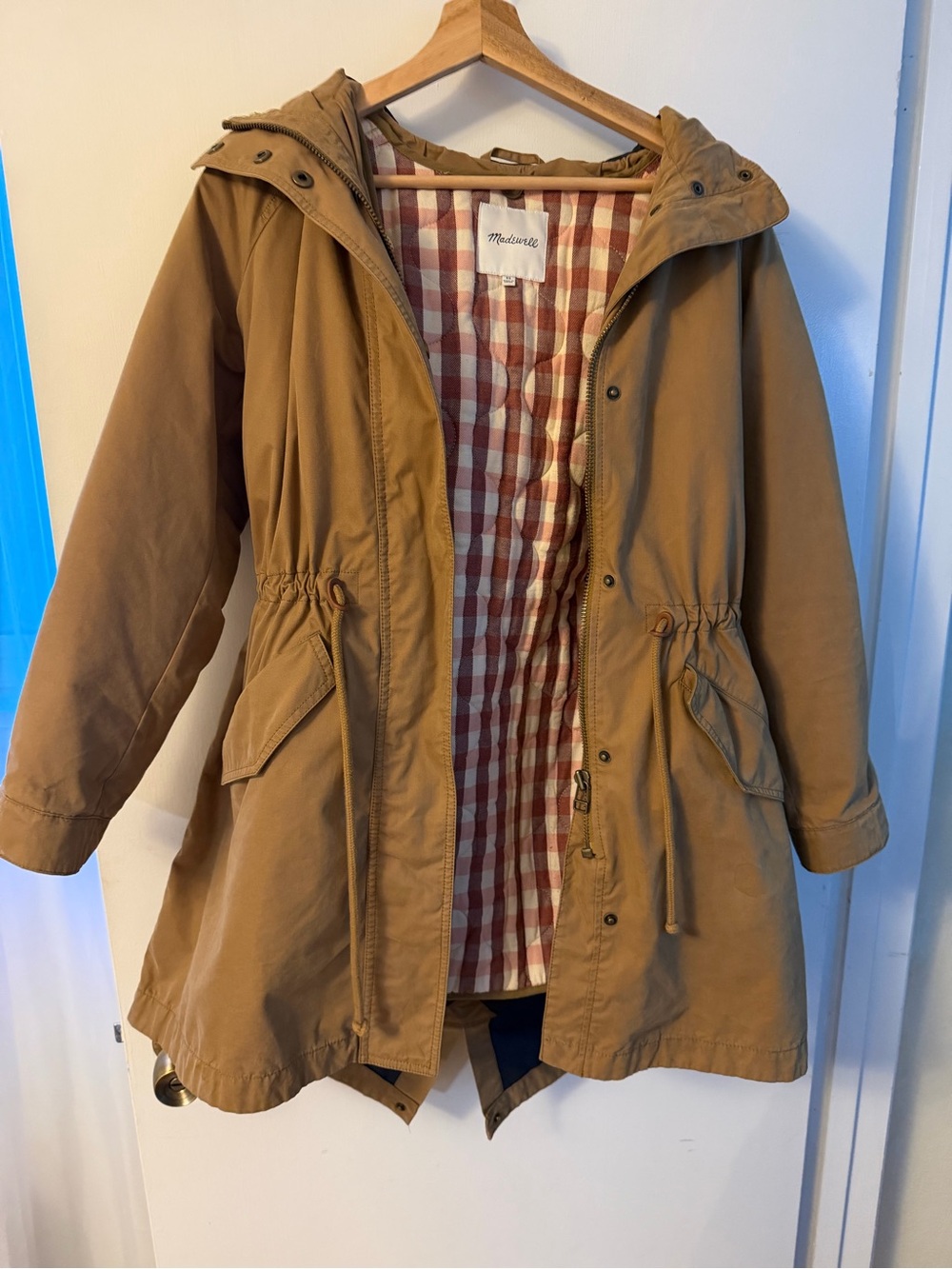 Madewell Tan Jacket with Removable Red and White Plaid Lining and Hood - Picture 1 of 11